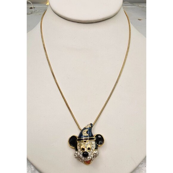 DISNEY Fantasia Mickey Pendant Gold Tone Snake Chain Necklace 16 1/2" + 1 1/2"Ex - Picture 2 of 4